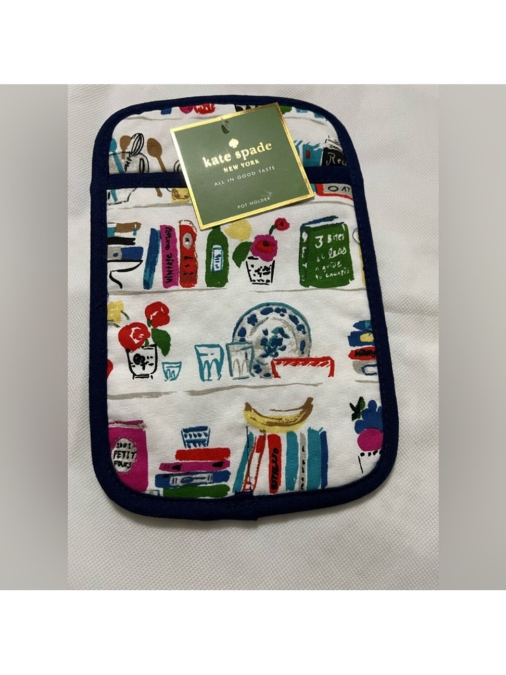 kate spade White Multicolor Printed Pot Holder with Navy Trim - 2 pcs
